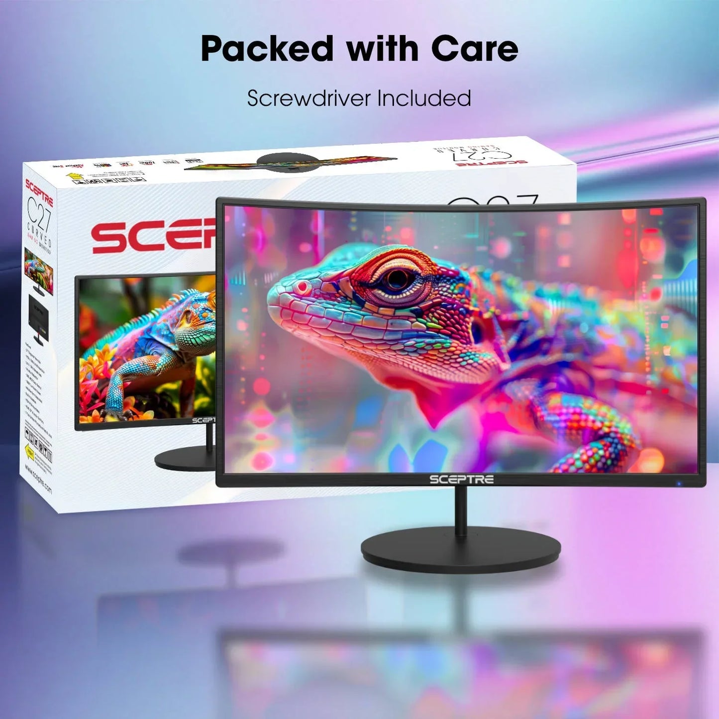 Sceptre C27 curved gaming monitor displaying vibrant colorful lizard, packaging box in background