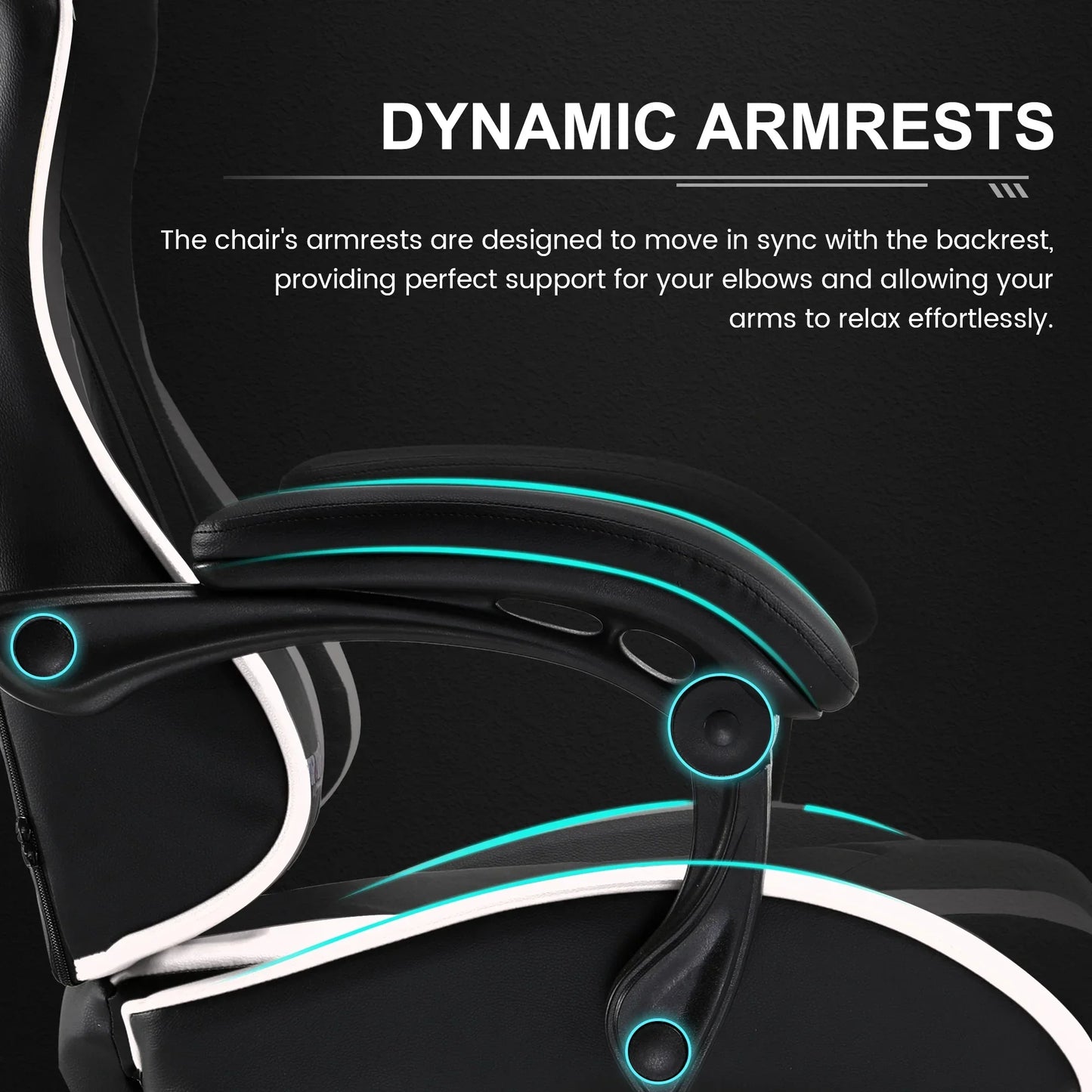 Close-up of black ergonomic office chair with dynamic armrests and white trim detail