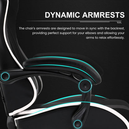 Close-up of black ergonomic office chair with dynamic armrests and white trim detail