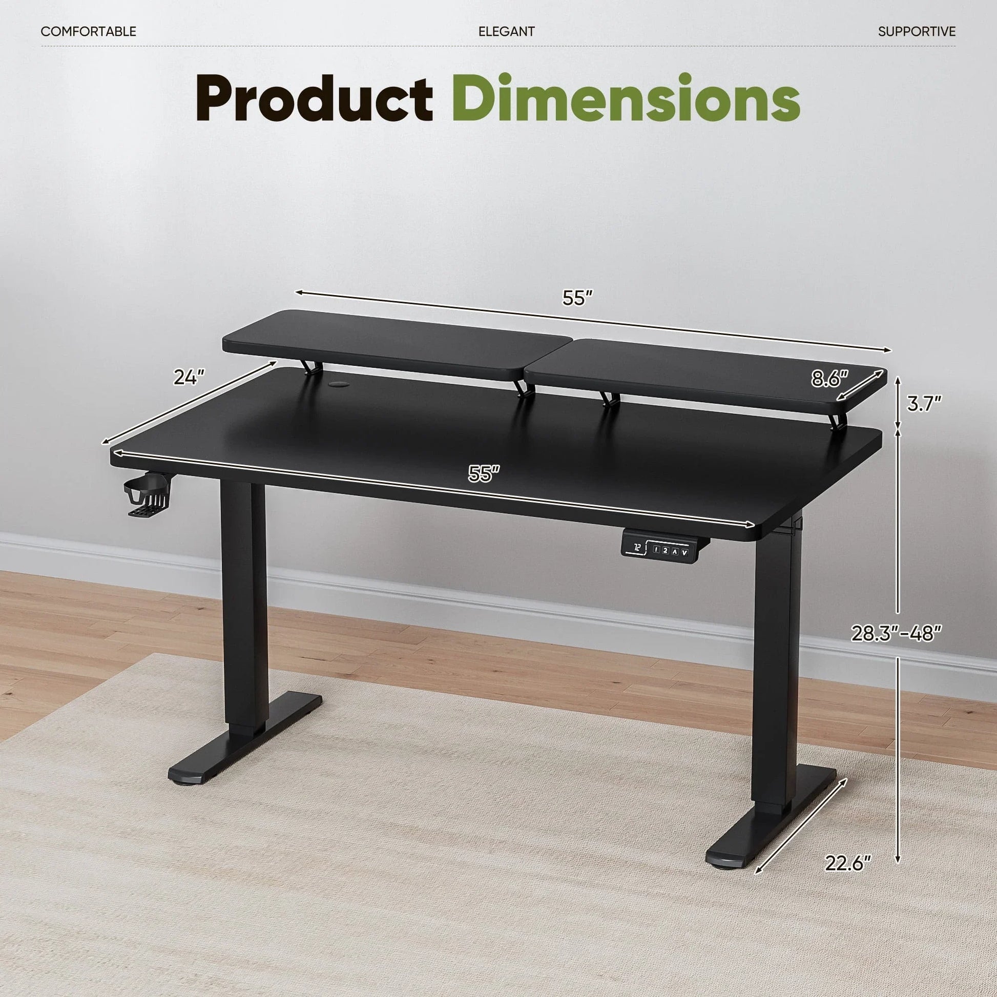 55" Wide Home Office Electric Height Adjustable Standing Desk Lifting Range 28~46" Computer Desk with Monitor Stand,Black