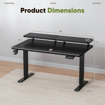 55" Wide Home Office Electric Height Adjustable Standing Desk Lifting Range 28~46" Computer Desk with Monitor Stand,Black