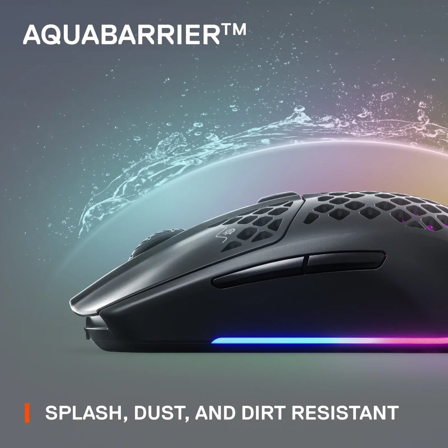 Honeycomb-style black gaming mouse with RGB lighting and water splash for splash, dust, and dirt resistance