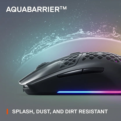 Honeycomb-style black gaming mouse with RGB lighting and water splash for splash, dust, and dirt resistance