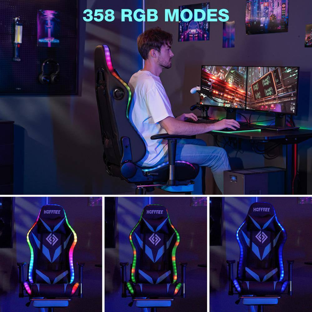 Gaming chair with 358 RGB modes, ergonomic design, and vibrant LED lighting for immersive setup
