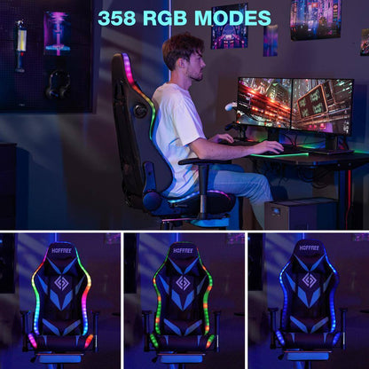 Gaming chair with 358 RGB modes, ergonomic design, and vibrant LED lighting for immersive setup