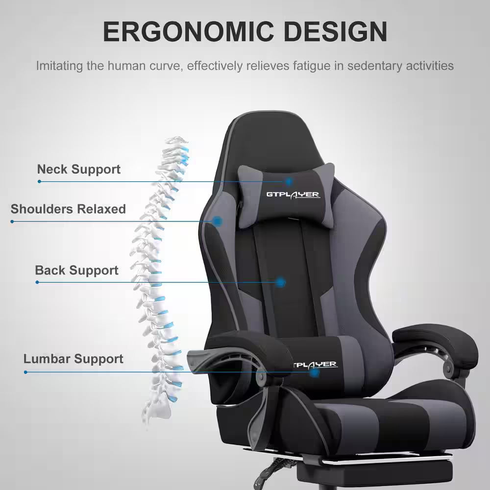 Ergonomic gaming chair with neck, back & lumbar support, GTPLAYER branding, ideal for long gaming sessions