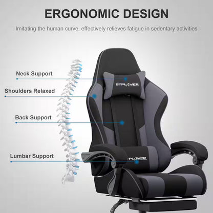 Ergonomic gaming chair with neck, back & lumbar support, GTPLAYER branding, ideal for long gaming sessions