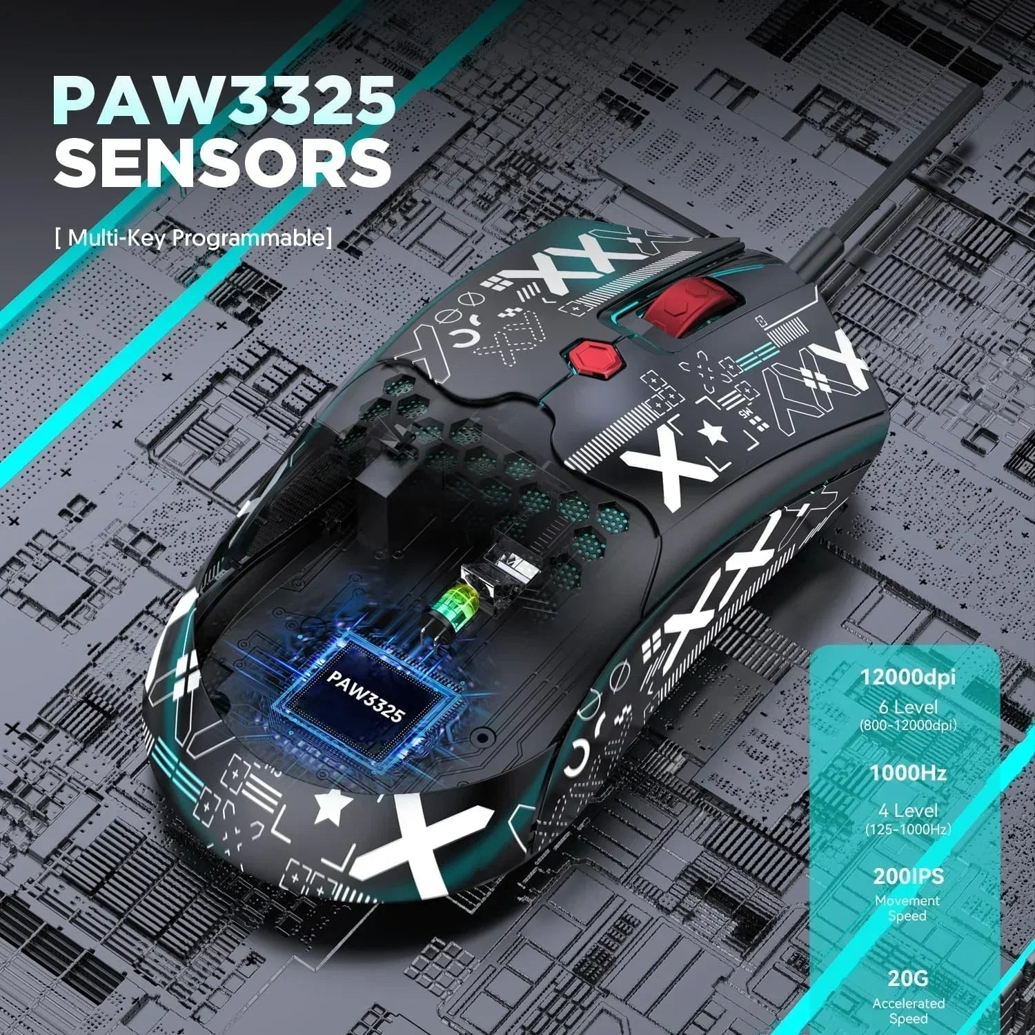 M5 Pro Ultralight Wired Gaming Mouse, Lightweight Honeycomb Shell, Pixart PAW3325, 6 Adjustable DPI 12000, 26 RGB Breathing Backlit Mice, 65G, USB Optical Model O Mice for Win11/Xbox/Ps/Mac