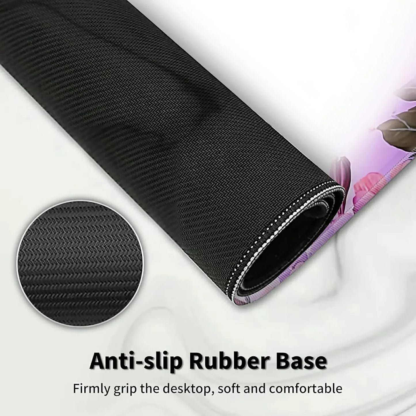 Rolled gaming mouse pad with anti-slip rubber base and textured surface for stable grip