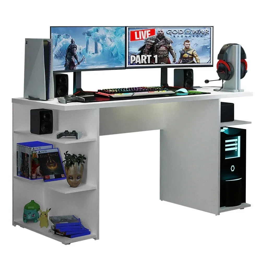 Large Modern Gaming Computer Desk 53 Inch with 5 Shelves Cable Management Student Study Wooden Table Home Office Gamer Desk for Kids and Adults - White