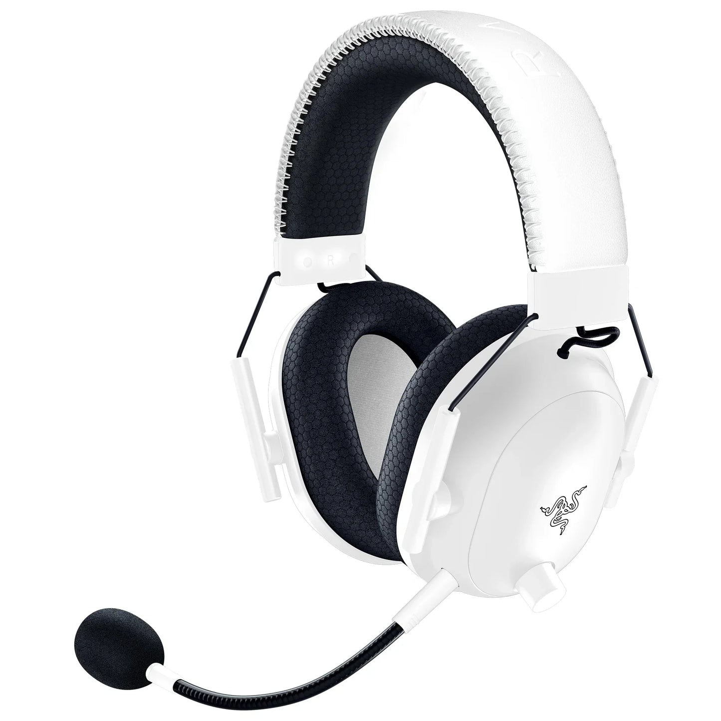 White gaming headset with black cushioned ear pads and an attached microphone boom, Razer logo on ear cup