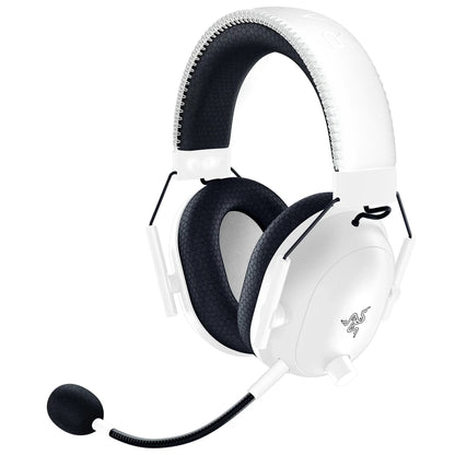 White gaming headset with black cushioned ear pads and an attached microphone boom, Razer logo on ear cup