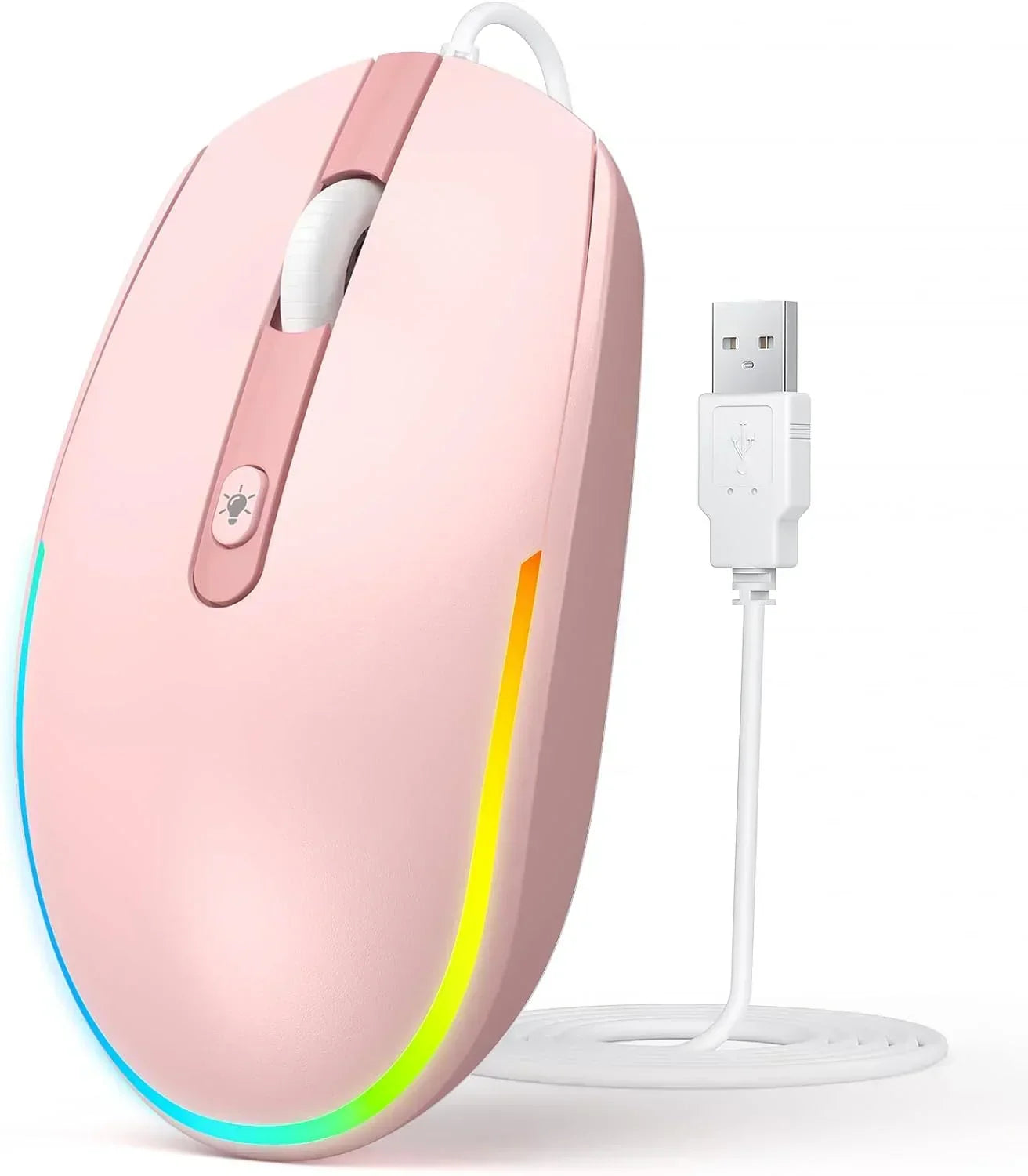 Pink wired gaming mouse with RGB lighting and USB connector