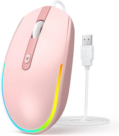 Pink wired gaming mouse with RGB lighting and USB connector