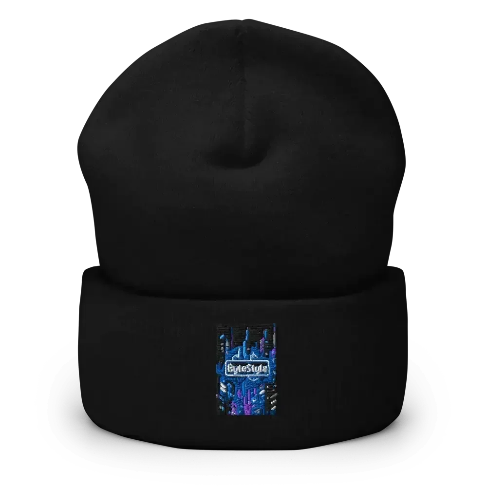 Black beanie hat with a colorful blue and purple embroidered CuteStyle logo patch