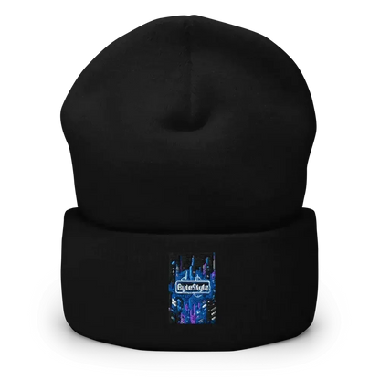 Black beanie hat with a colorful blue and purple embroidered CuteStyle logo patch