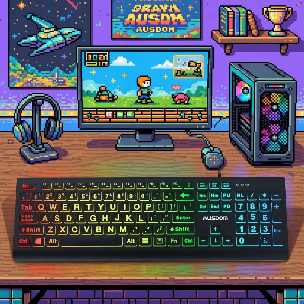 Ausdom Large Print Backlit Keyboard | Quiet USB Wired | Full Size | Oversize Easy-Read Keys