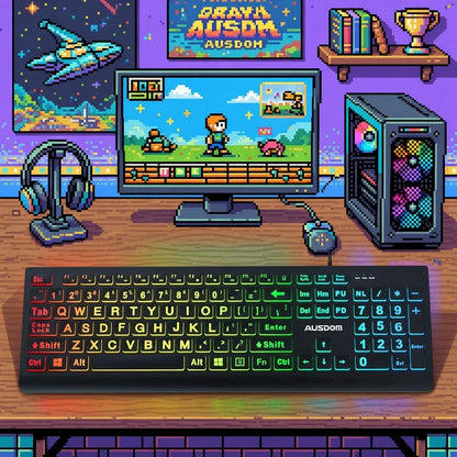 Ausdom Large Print Backlit Keyboard | Quiet USB Wired | Full Size | Oversize Easy-Read Keys