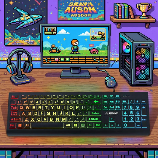 Ausdom Large Print Backlit Keyboard | Quiet USB Wired | Full Size | Oversize Easy-Read Keys