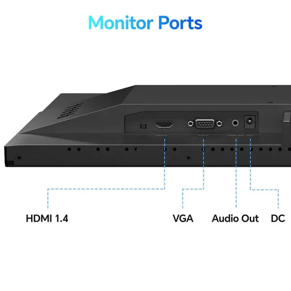 Close-up of monitor ports showing HDMI 1.4, VGA, Audio Out, and DC power connections on black device