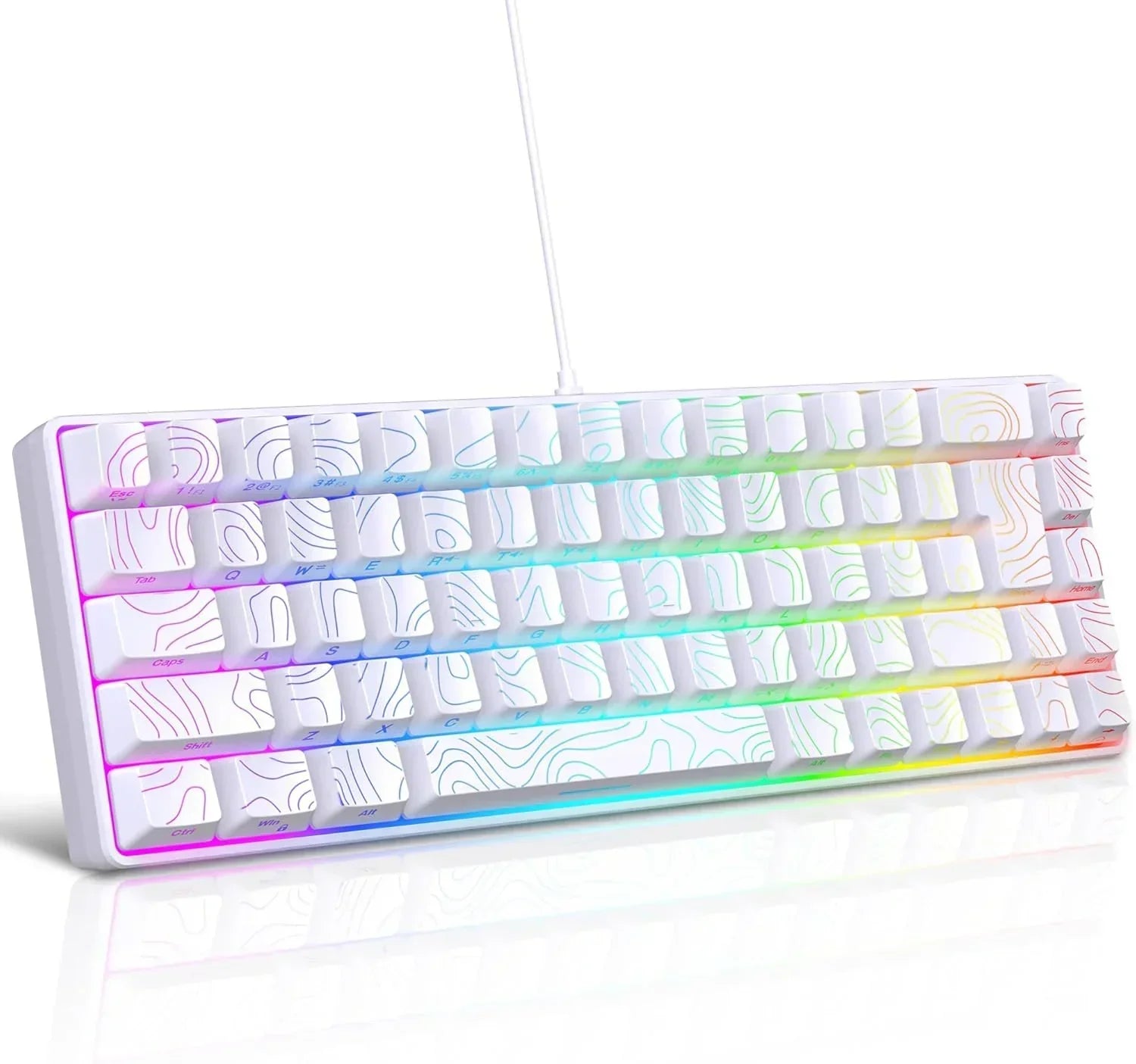 White RGB gaming keyboard with topographic keycap design, modern wired setup