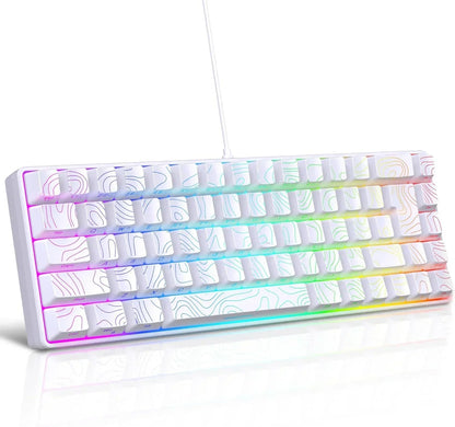 White RGB gaming keyboard with topographic keycap design, modern wired setup