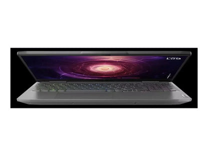 Gaming laptop with RGB keyboard and cosmic screen, partially open on black background