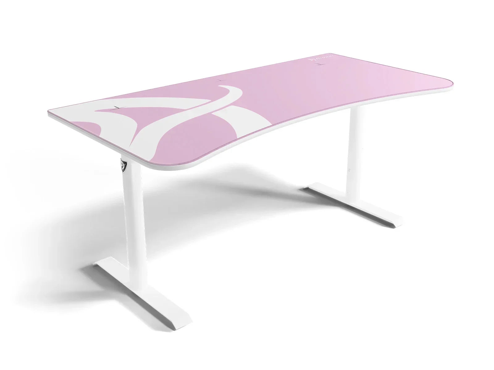 Modern white frame gaming desk with curved pink and white patterned desktop