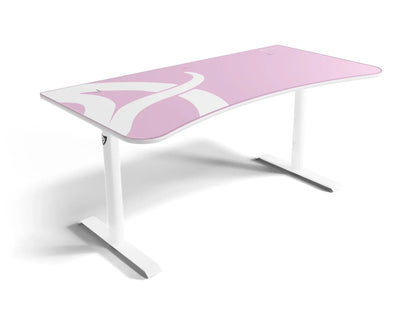 Modern white frame gaming desk with curved pink and white patterned desktop