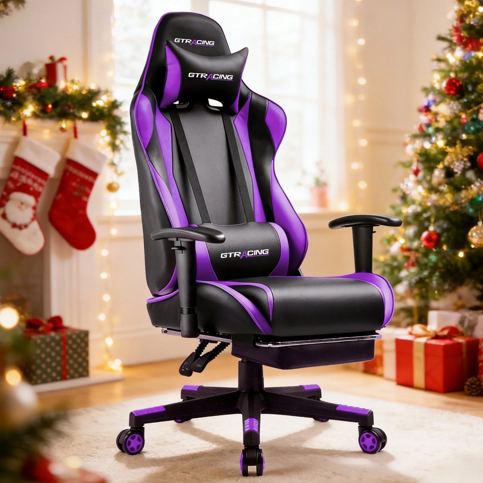 Purple and black GTRACING gaming chair with lumbar support, set in festive Christmas room with tree and stockings.