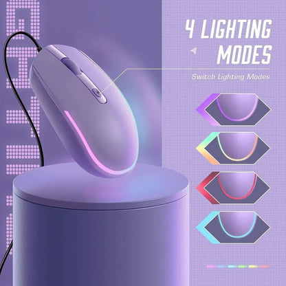 Purple RGB gaming mouse with four customizable lighting modes, displayed on purple background.