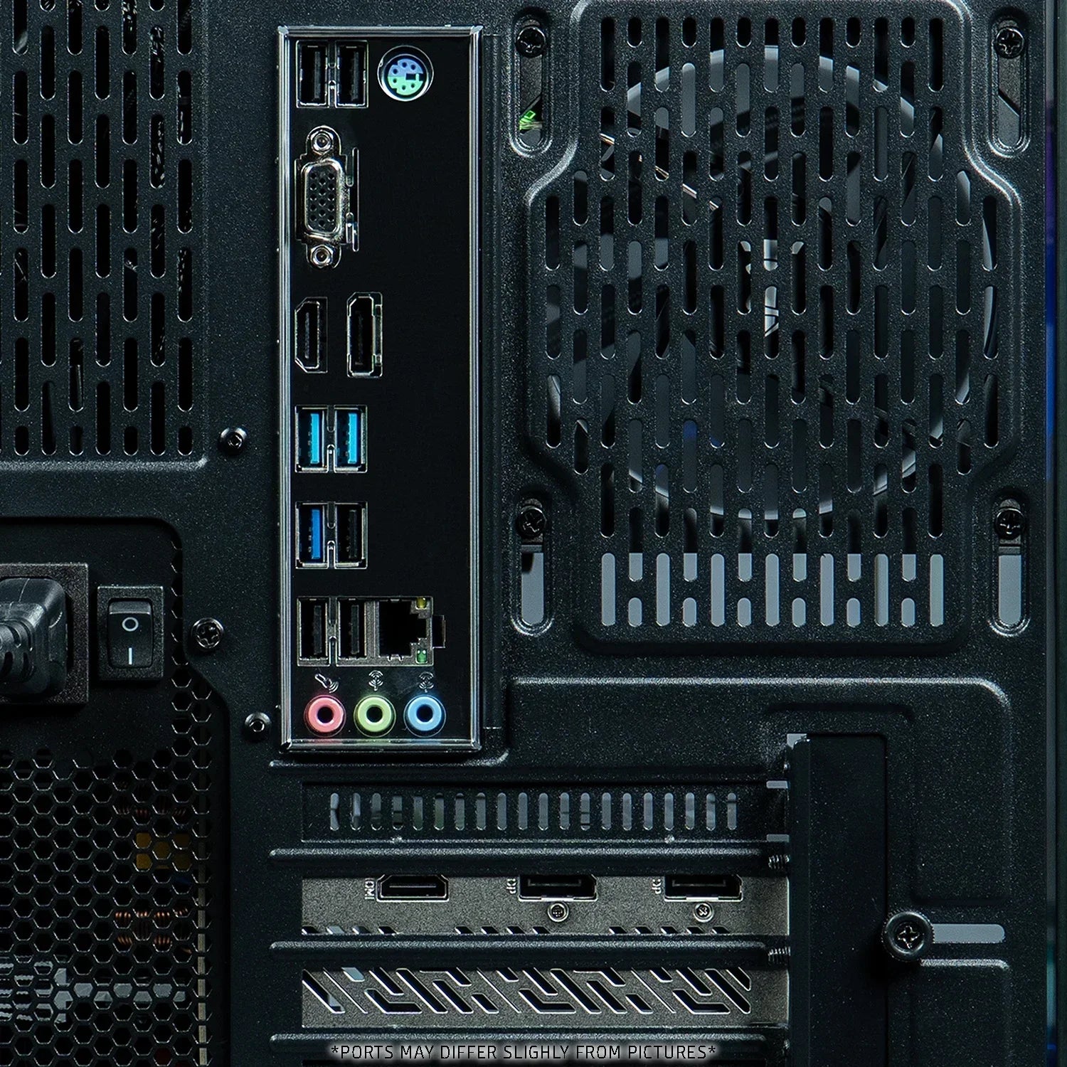 Back panel of a gaming PC showing multiple USB ports, audio jacks, VGA, HDMI, ethernet port, and cooling fan