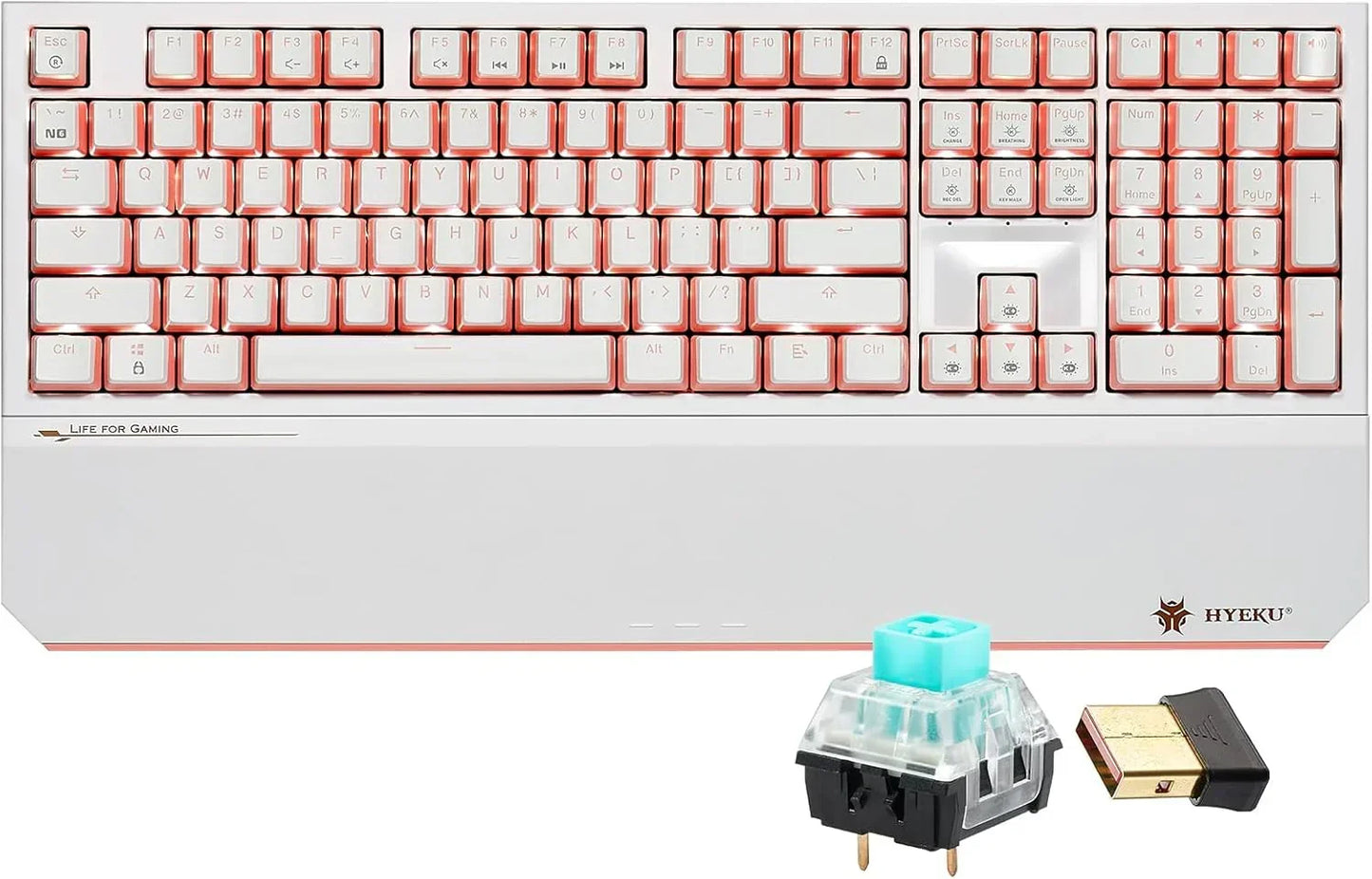 White and pink mechanical gaming keyboard with wrist rest, switch, and USB dongle by HYEKU
