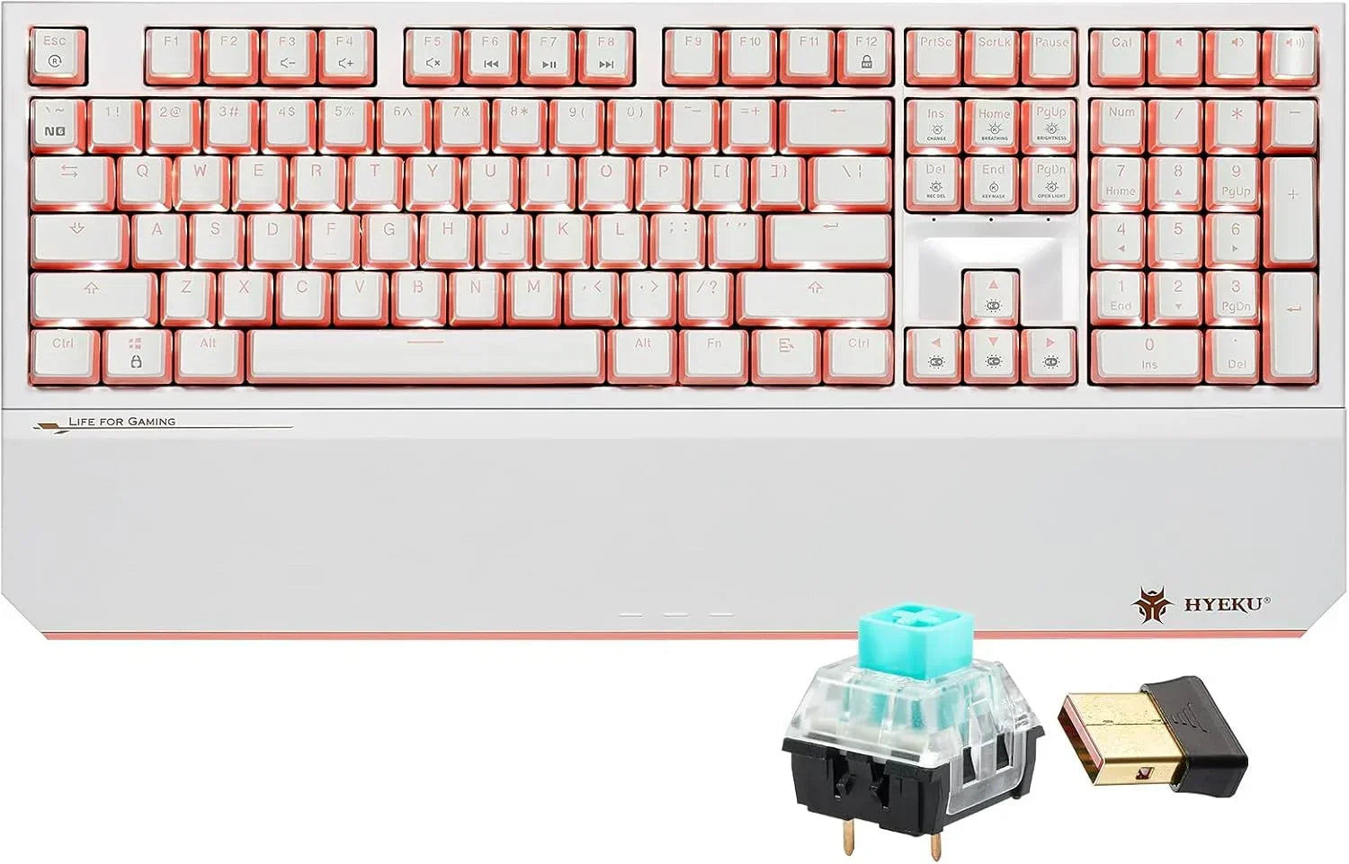 White and pink mechanical gaming keyboard with wrist rest, switch, and USB dongle by HYEKU