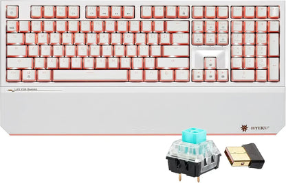 White and pink mechanical gaming keyboard with wrist rest, switch, and USB dongle by HYEKU