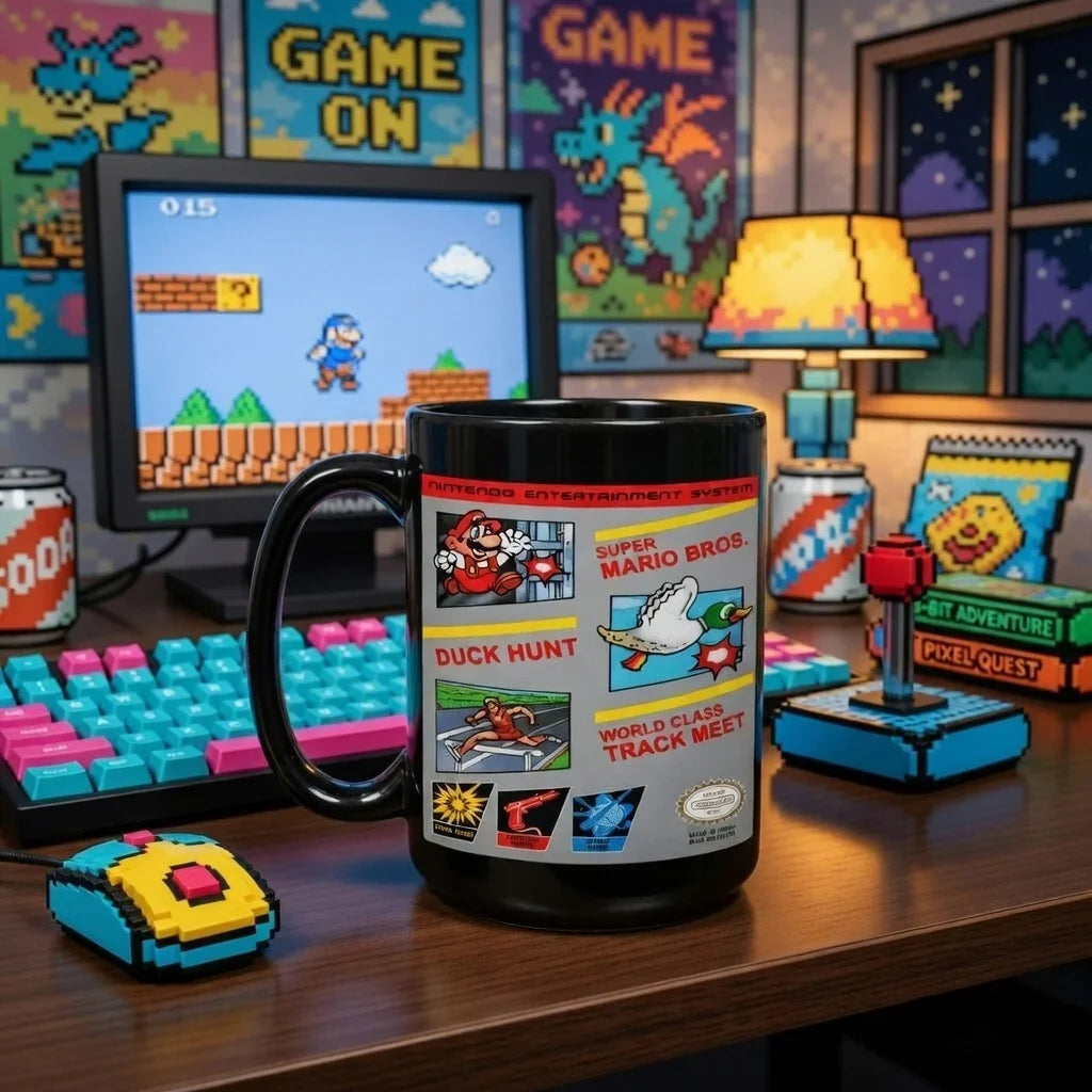 Retro NES-Era Gaming Collage Mug | 15oz Vintage Arcade Box Art Inspired