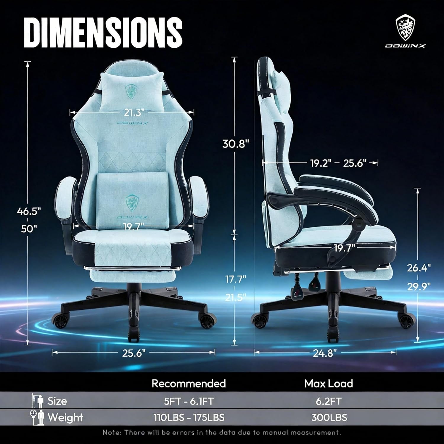 Light blue gaming chair with dimensions, ergonomic design, and adjustable features for comfort and support.