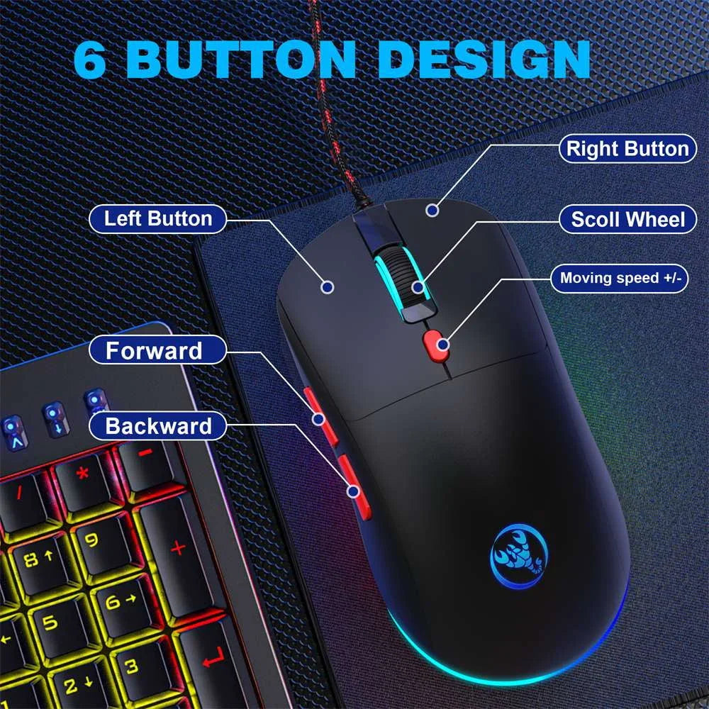 Black gaming mouse with 6 button design including left, right, forward, backward, scroll wheel, and speed control