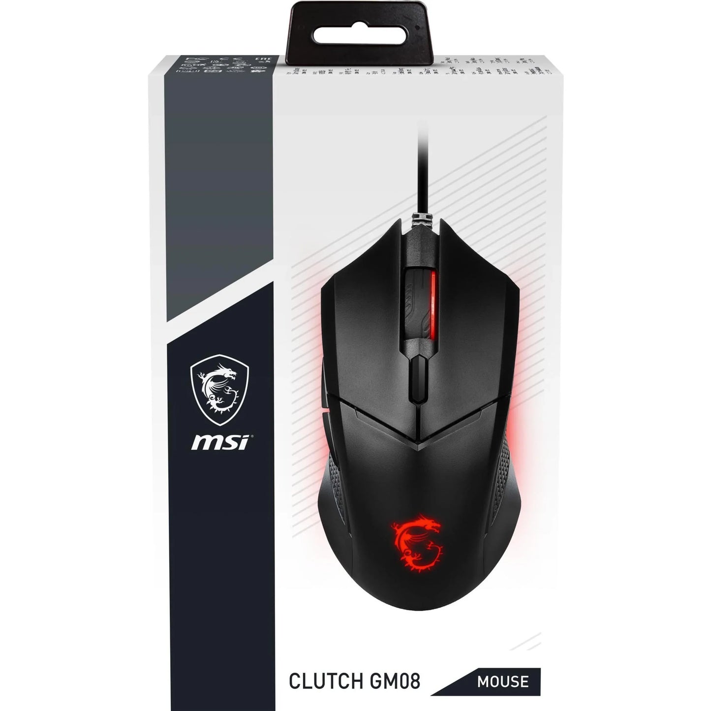 MSI Clutch GM08 wired gaming mouse with customizable red LED lighting on scroll wheel and logo