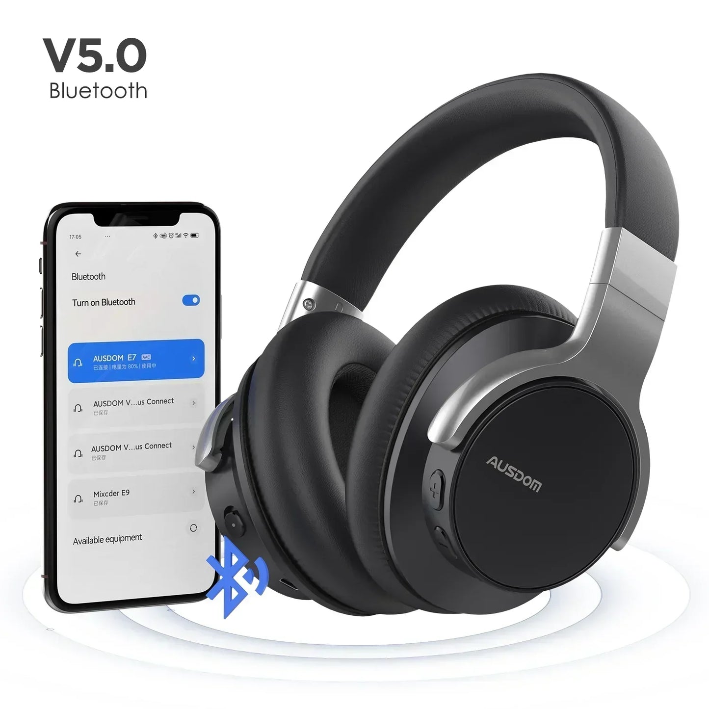 Black wireless Bluetooth headphones next to smartphone, V5.0 connectivity, gaming gear