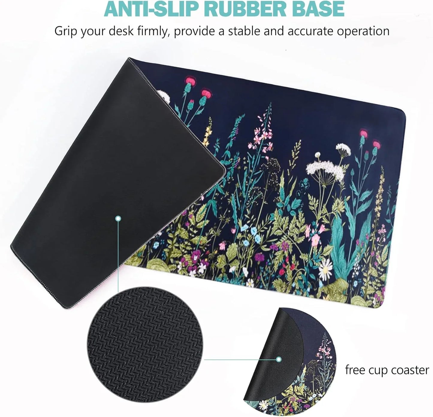 Gaming mouse pad with anti-slip rubber base and floral design, includes free matching cup coaster