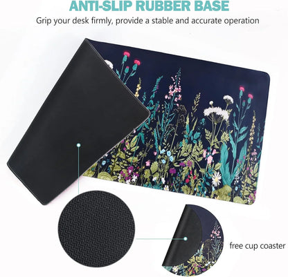Gaming mouse pad with anti-slip rubber base and floral design, includes free matching cup coaster