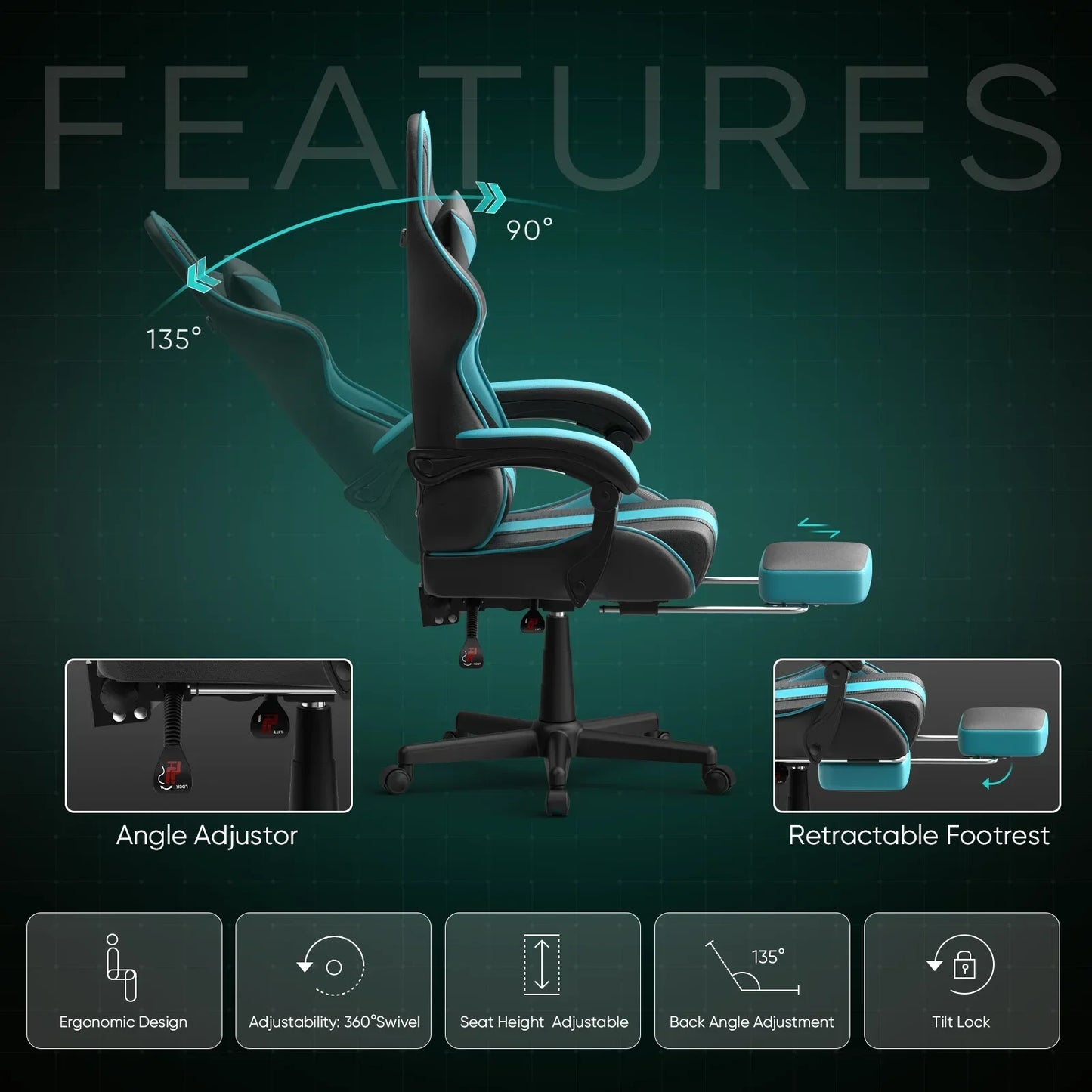 Byte Style ergonomic gaming chair with 135° adjustable backrest, retractable footrest, and 360° swivel.