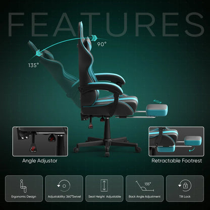 Byte Style ergonomic gaming chair with 135° adjustable backrest, retractable footrest, and 360° swivel.