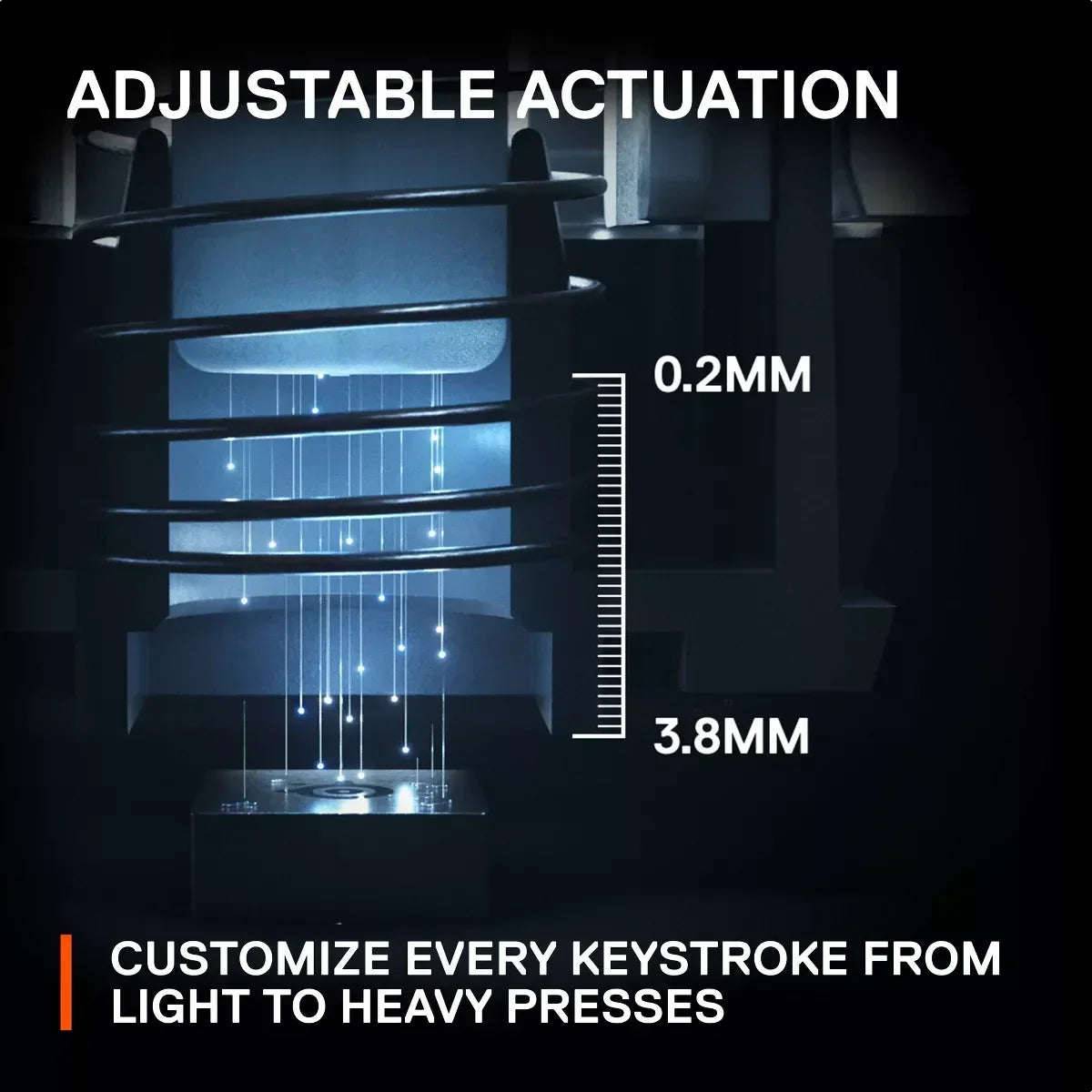 Mechanical keyboard switch cross-section showing adjustable actuation from 0.2mm to 3.8mm.