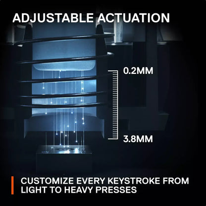 Mechanical keyboard switch cross-section showing adjustable actuation from 0.2mm to 3.8mm.