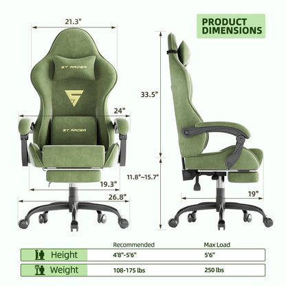 Green ST Racer gaming chair with dimensions, ergonomic design, and height/weight recommendations for gamers.