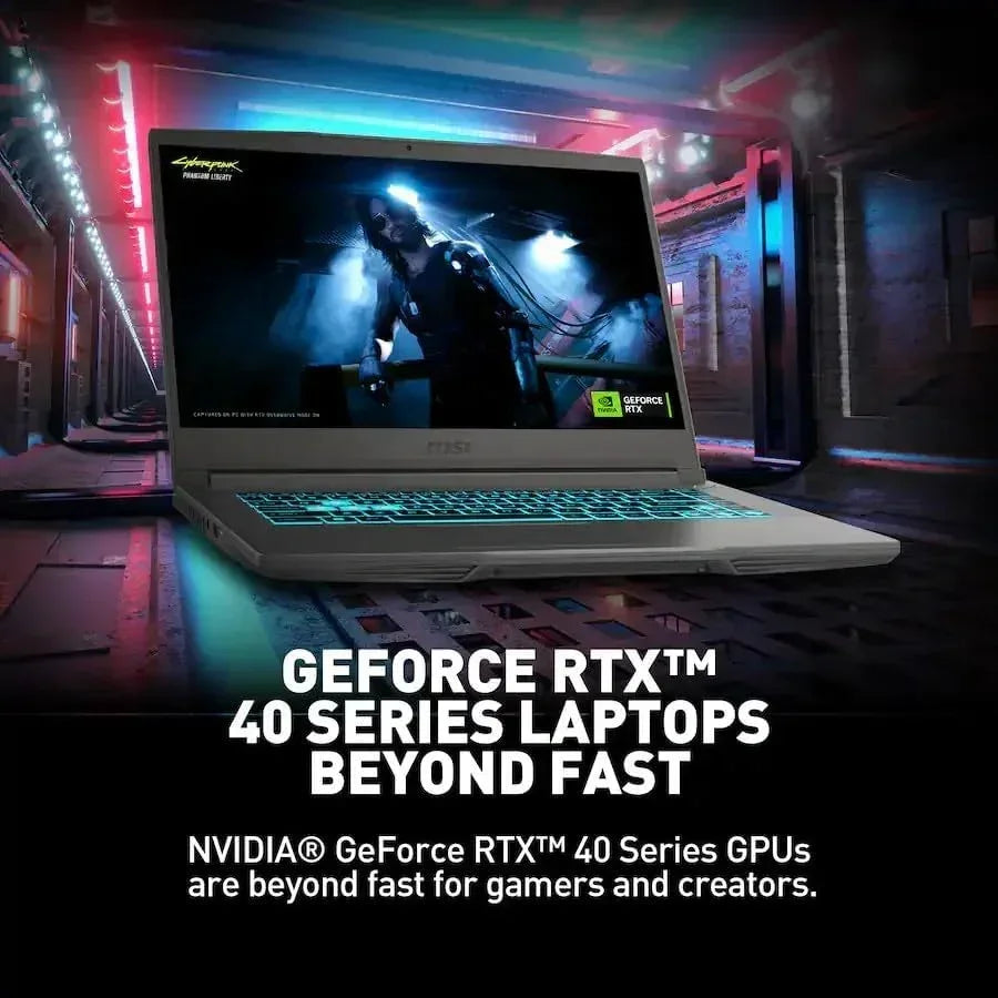 MSI gaming laptop with GeForce RTX 40 series GPU, RGB keyboard, and futuristic setting