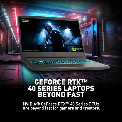 MSI gaming laptop with GeForce RTX 40 series GPU, RGB keyboard, and futuristic setting