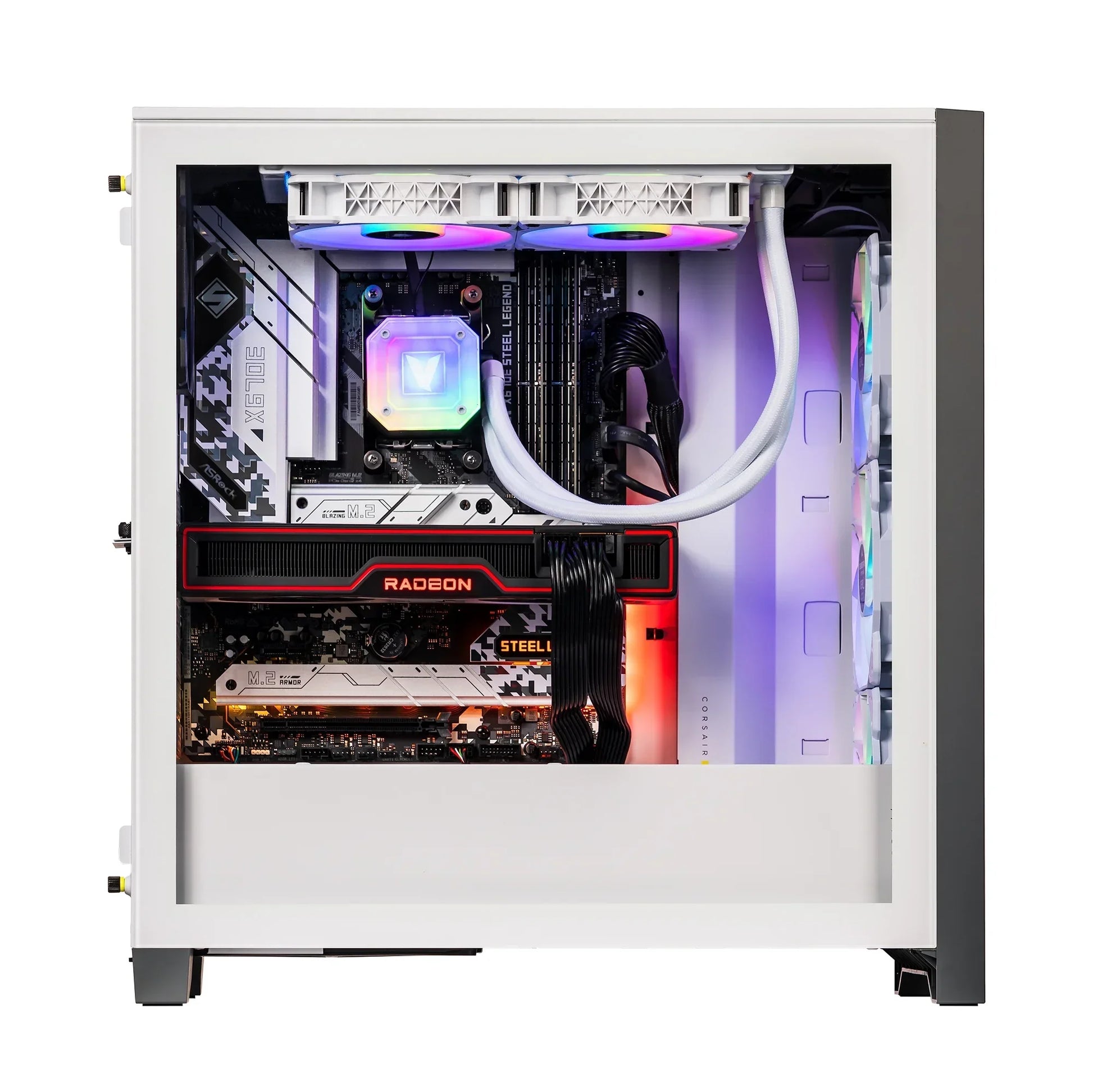 White PC gaming desktop with RGB-lit CPU cooler, Radeon graphics card, and multiple cooling fans inside case